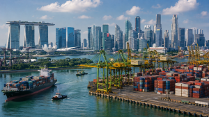 Singapore port with container ships and city skyline representing trade, logistics, and international business growth.
