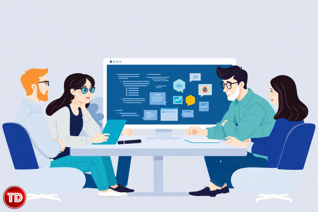 Technology professionals from different roles collaborating to develop, maintain, and improve a software system.