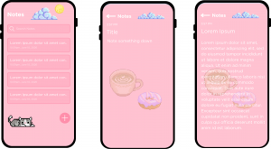 A mockup of test project featuring pink background with shades of pink for UI distinction and pixel art as design element.