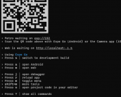 A terminal console output showing a generated Expo QR code alongside a smartphone scanning it to test a mobile application.