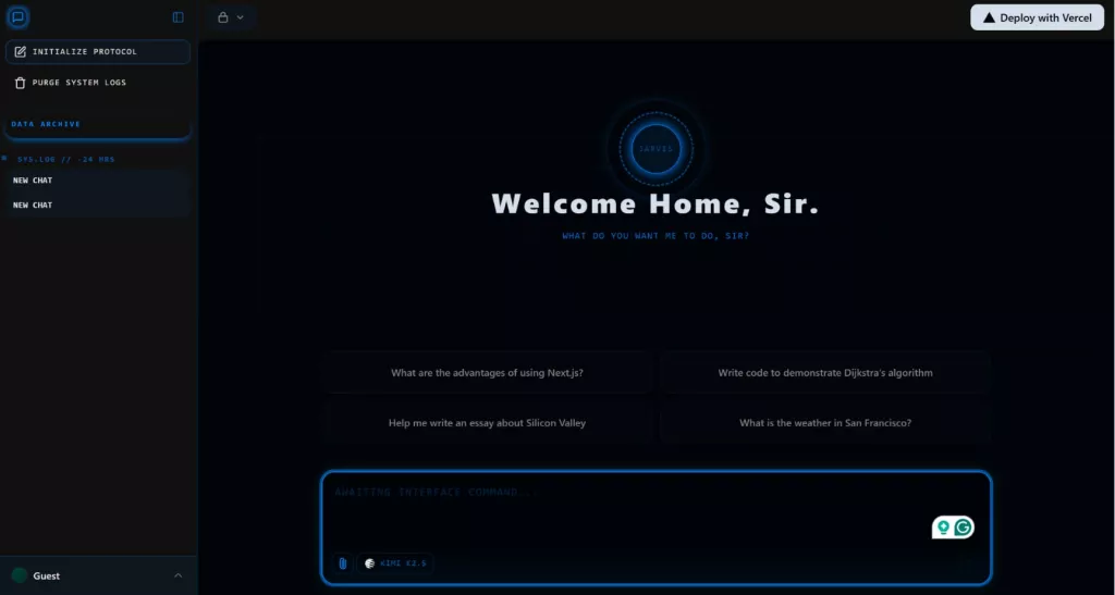 JARVIS AI Chatbot Interface showing Home Screen