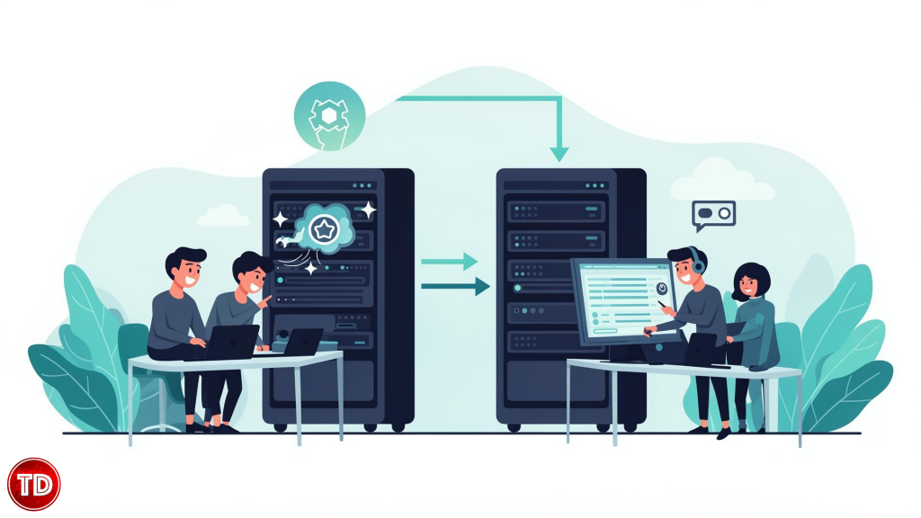 Illustration of a technology team maintaining application availability through backup systems and reliable infrastructure.