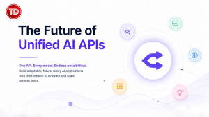 Modern illustration representing the future of unified AI APIs with a central AI gateway connecting intelligent services through a scalable, cloud-native architecture.