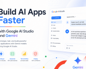 Illustration of Google AI Studio and Gemini showing a modern AI development workspace for prototyping prompts, generating API code, and building AI applications faster.