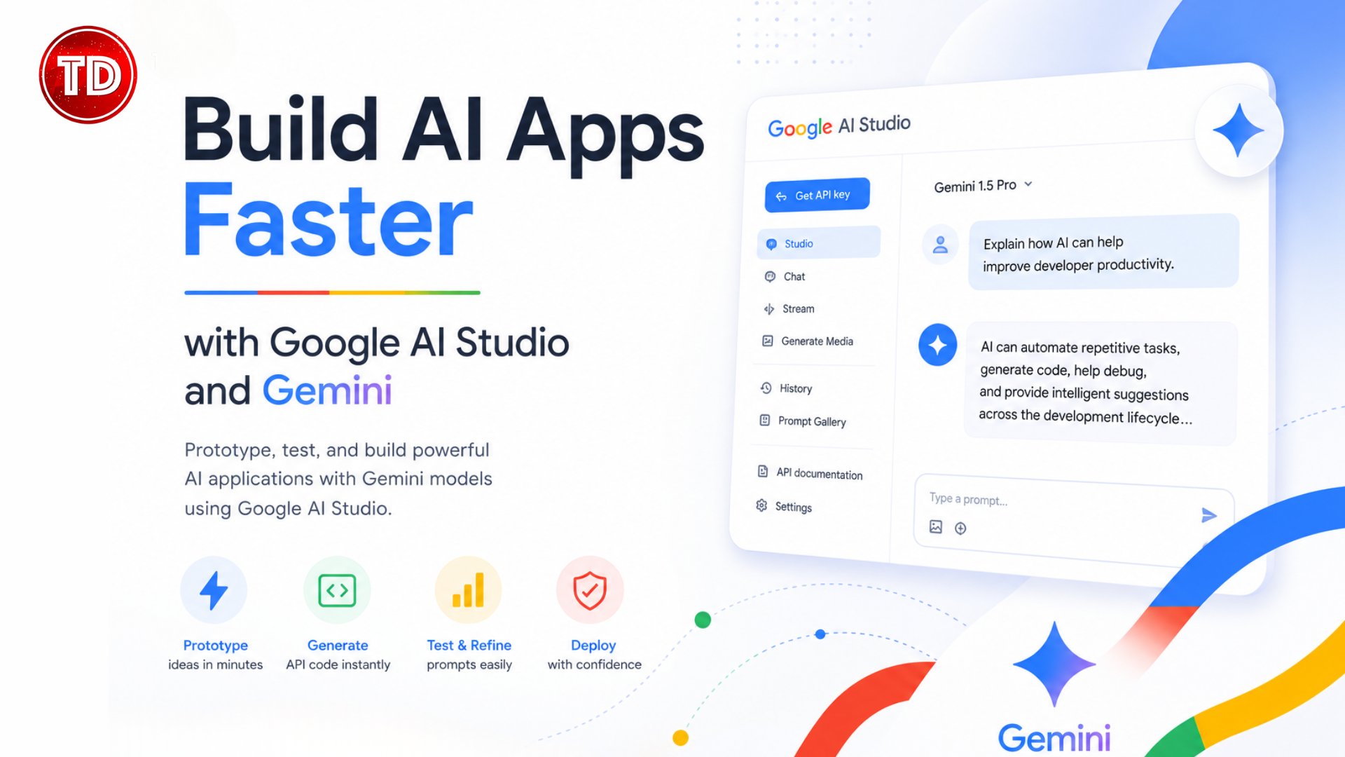 Illustration of Google AI Studio and Gemini showing a modern AI development workspace for prototyping prompts, generating API code, and building AI applications faster.
