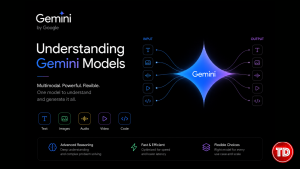 Futuristic visualization of Google Gemini connecting multiple input and output types through a unified multimodal AI model.