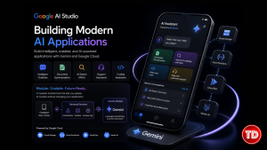 Concept artwork showing a scalable AI application architecture with a 3D mobile app, Gemini models, and Google Cloud integration.
