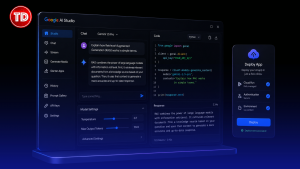 Google AI Studio featuring an AI development interface with code editor, prompt testing, model configuration, and an application deployment panel for production-ready AI workflows.
