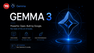 Gemma 3 cover page with a futuristic black and blue design highlighting Google's open AI model for local deployment.