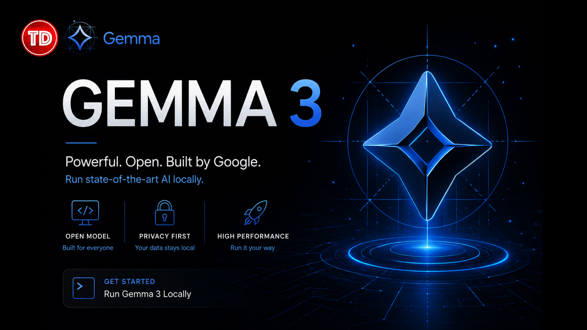 Gemma 3 cover page with a futuristic black and blue design highlighting Google's open AI model for local deployment.