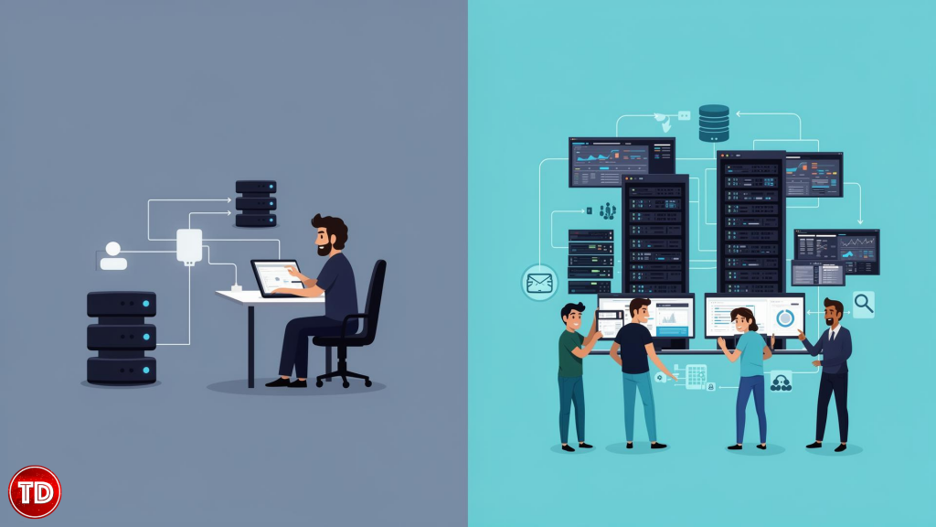 Side-by-side comparison of a simple tutorial project and a real-world system maintained by multiple teams and supporting many users.
