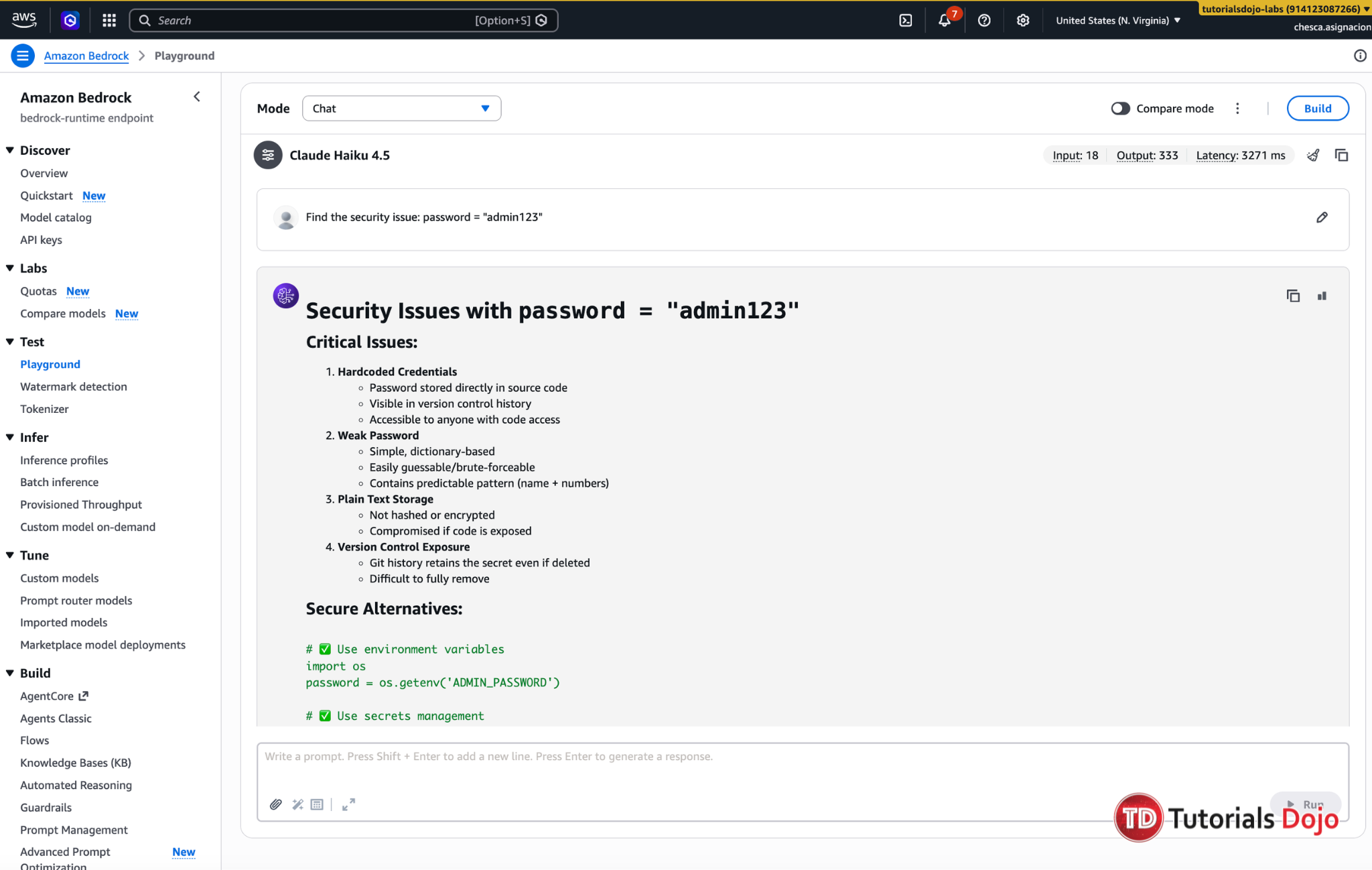 Claude Haiku 4.5 security test in the Amazon Bedrock model playground