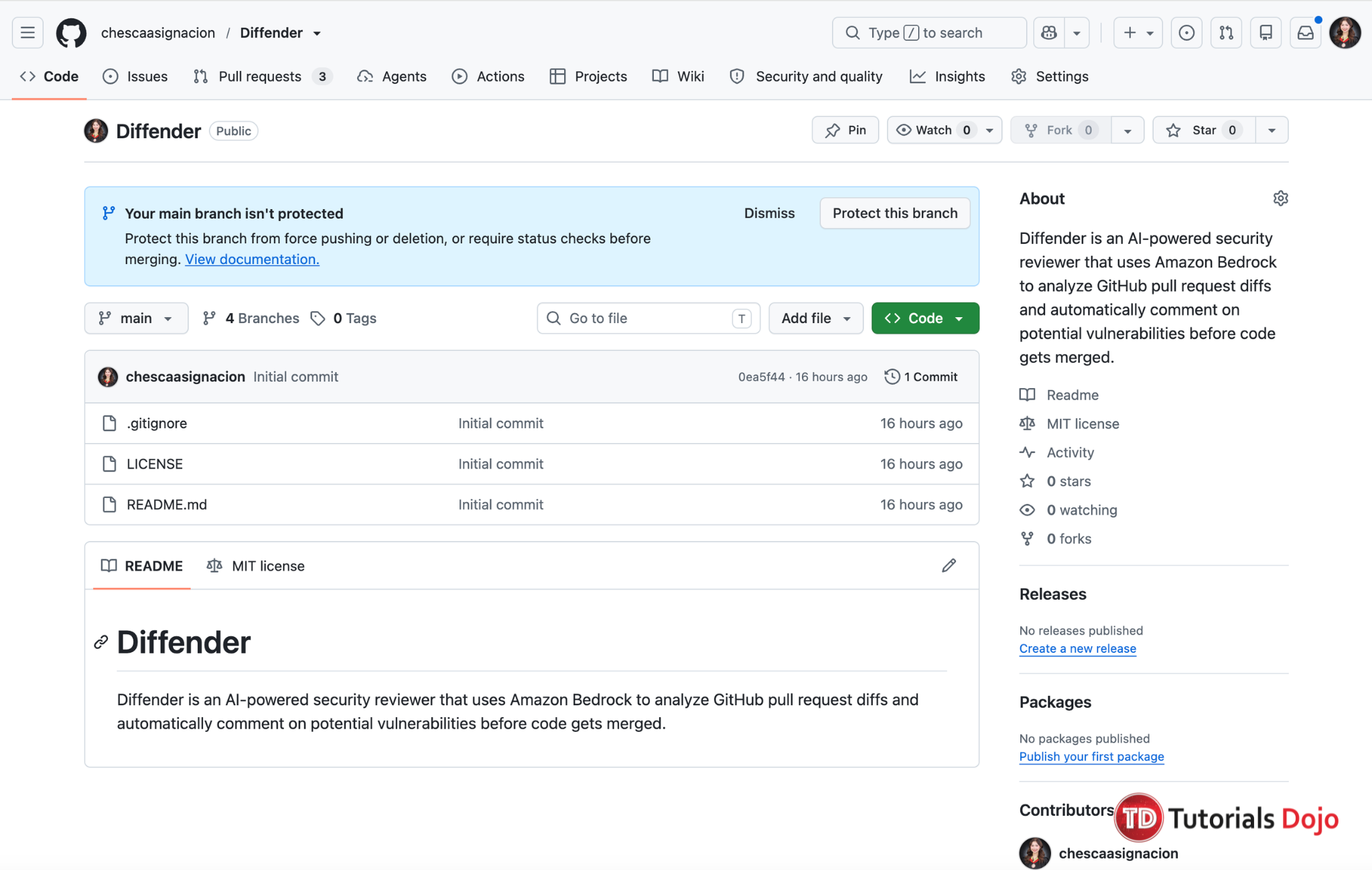 Diffender GitHub repository with README, MIT license, and Python gitignore