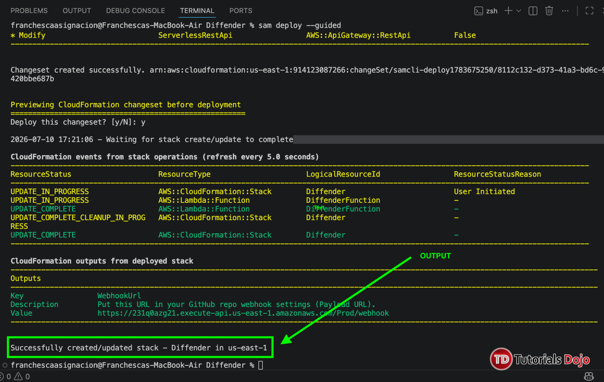AWS SAM deployment output showing the Diffender stack and API Gateway webhook URL