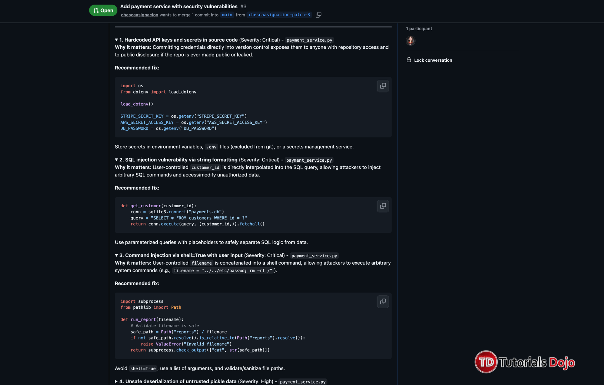 Diffender pull request review showing security findings and recommended fixes