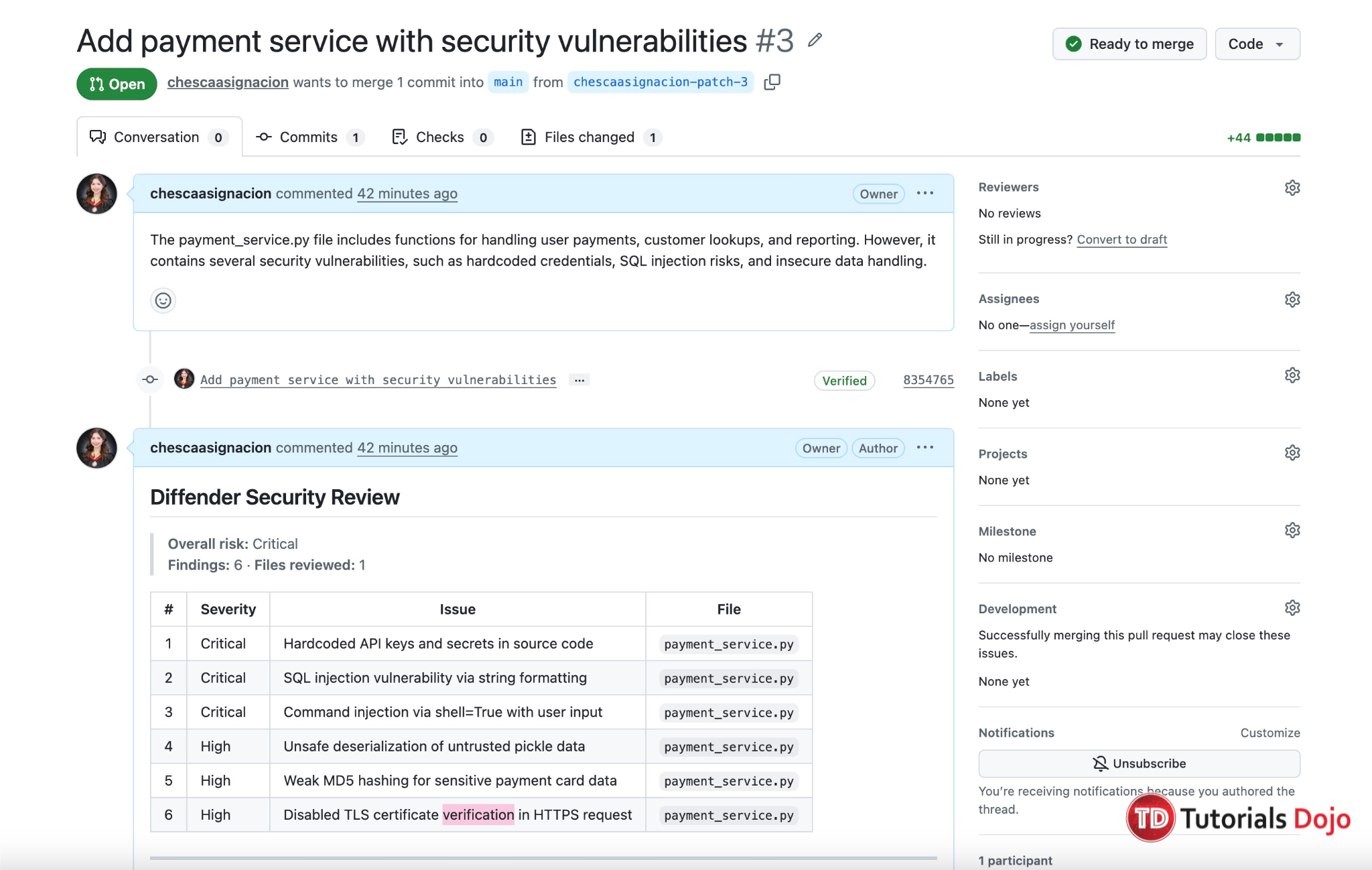 Diffender security findings posted as a comment on a GitHub pull request