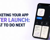 Promotional graphic titled "Marketing Your App After Launch: What to Do Next" featuring a smartphone displaying an App Store listing for a lifestyle app by Bloom Studio.