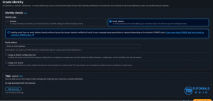 Screenshot of the Amazon Simple Email Service (SES) "Create identity" form in dark mode. Under "Identity type," the radio button for "Email address" is selected. An informational banner warns about DMARC policies when sending from an unverified domain. Below it is an empty "Email address" input field, followed by unchecked checkboxes for "Assign a default configuration set" and "Assign to a tenant," and an optional "Tags" section with an "Add new tag" button at the bottom left.
