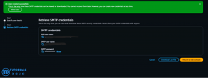 Screenshot of the dark mode AWS console page titled "Retrieve SMTP credentials" with a green success banner reading "User created successfully" at the top.