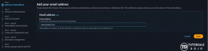 Screenshot of the Amazon SES setup wizard dark mode interface showing "Step 1 Add your email address" selected in the left navigation sidebar. The main panel displays an input field labeled "Email address" with "test.example.com" entered, along with "Cancel" and "Next" action buttons at the bottom right.