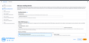 Screenshot of the Amazon SES setup console displaying Step 2: "Add your sending domain" selected in the left navigation sidebar. The main area contains an input field labeled "Sending domain" filled with "subdomain.example.com", followed by an optional "MAIL FROM domain" section set to "mailfrom". At the bottom right are "Cancel", "Previous", and orange "Next" buttons.