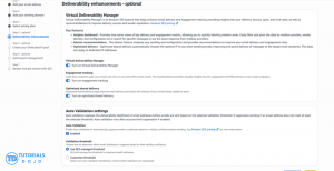 Screenshot of the Amazon SES setup console with Step 4: "Deliverability enhancements" selected in the left menu bar. The main panel displays toggle options for Virtual Deliverability Manager, Engagement tracking, and Optimized shared delivery. Below, an "Auto Validation settings" section shows "Enabled" checked along with radio button options for selecting the validation threshold.
