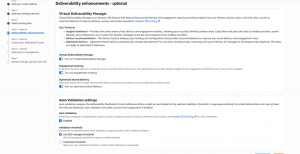 Screenshot of the Amazon SES setup console with Step 4: "Deliverability enhancements" selected in the left menu bar. The main panel displays toggle options for Virtual Deliverability Manager, Engagement tracking, and Optimized shared delivery. Below, an "Auto Validation settings" section shows "Enabled" checked along with radio button options for selecting the validation threshold.