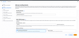 Screenshot of the Amazon SES setup console displaying Step 2: "Add your sending domain" selected in the left navigation sidebar. The main area contains an input field labeled "Sending domain" filled with "subdomain.example.com", followed by an optional "MAIL FROM domain" section set to "mailfrom". At the bottom right are "Cancel", "Previous", and orange "Next" buttons.