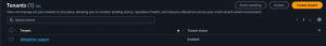 Screenshot of the Amazon SES console Tenants management table showing one configured tenant named "Websphere-support" with a "Tenant status" set to "Enabled". The top action bar includes a "Search tenant" input field along with buttons for "Pause sending", "Delete", and an orange "Create tenant" button at the top right.