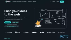 Screenshot of the Netlify homepage on a dark background featuring the headline "Push your ideas to the web", call-to-action buttons for "Start building" and "Request a demo", an interactive web illustration on the right, and company logos including Stack Overflow, Riot Games, Kubernetes, Figma, and Meta.
